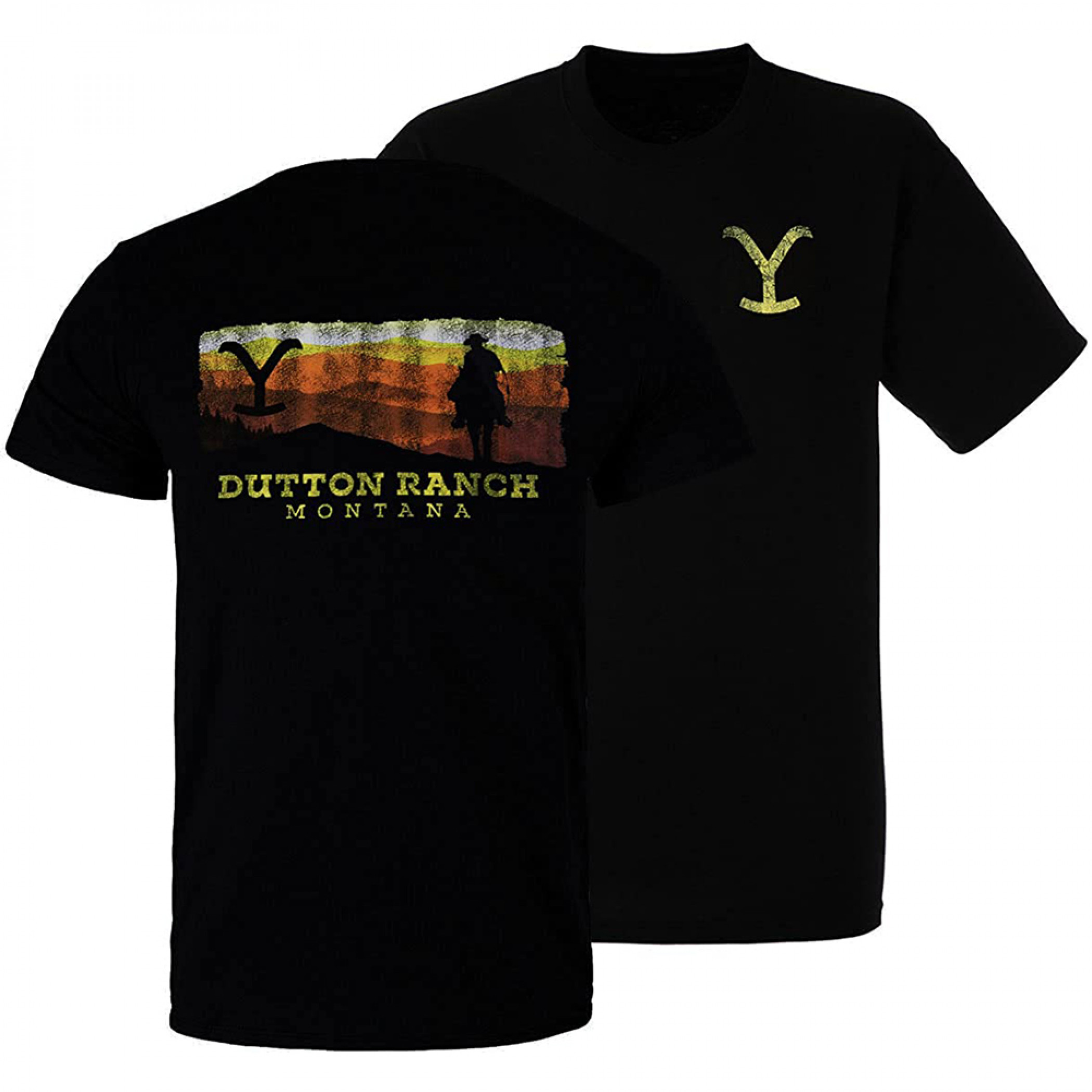 Yellowstone Rider Sunset Silhouette Front and Back Print T-Shirt
